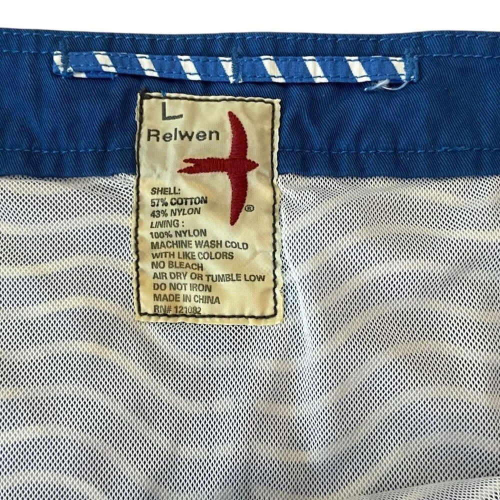 Relwen Swim Trunks Shorts Blue White Wave Size L Mesh Liner Adjustable Waist